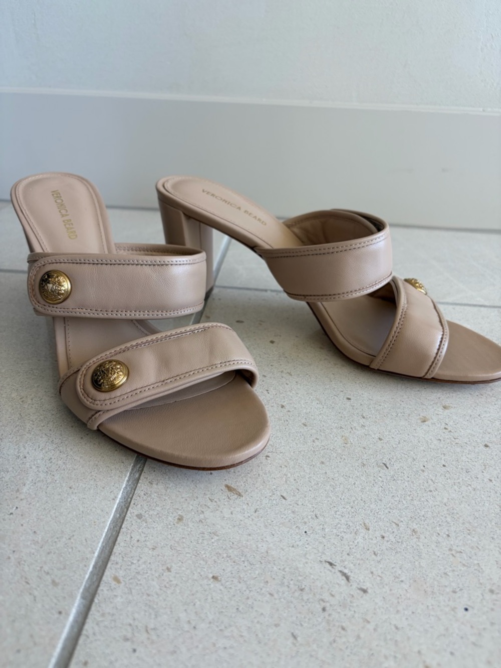 Veronica Beard Beige Leather Slide Mules with Gold Buttons
